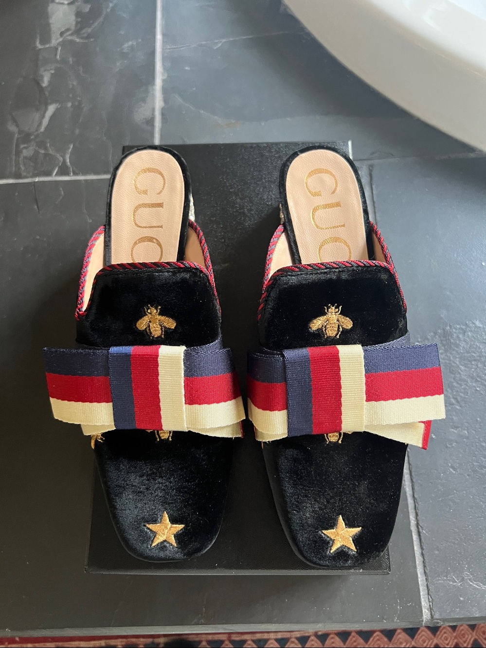 Black velvet and diamond slip ons similar to a vintage Guccie